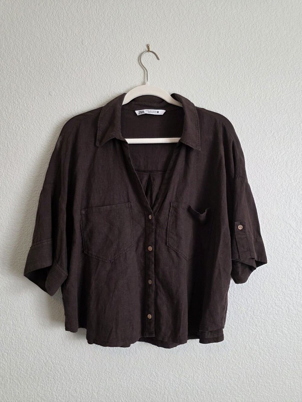Zara Chocolate brown linen-blend button-front top